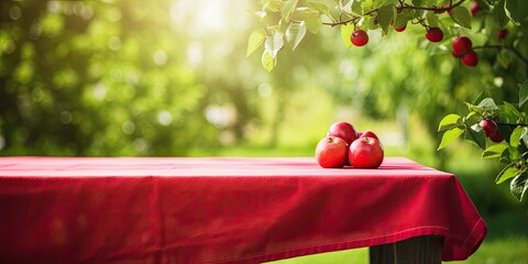 Summer picnic table with red tablecloth set in a garden park with nature backdrop.