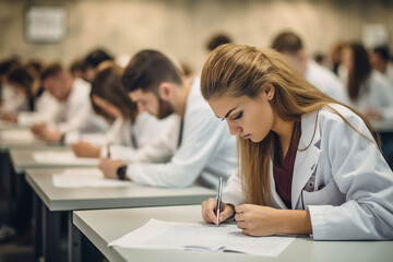 Poster - Medical students engaged in a practical exam - demonstrating hands-on assessment critical for future healthcare professionals and skill evaluation for career preparation.