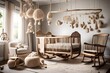 A rustic nursery with a wooden crib carved with intricate details, a hand-knit mobile hanging above, and a cozy rocking chair for tender moments, creating a whimsical.