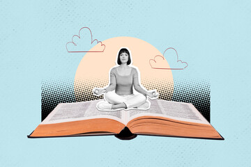 Poster - Collage creative poster image black white effect peaceful relax young woman sit gigantic open book meditation pose exclusive sketch