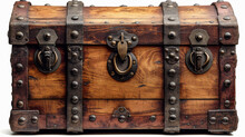 Mediaeval Opened Unlocked And Closed Locked Treasure Antique Vintage Chest With Gothic Or Middle Ages Pirate Crate Engravement, Old Wooden Game Asset Set Isolated