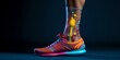 Futuristic athletic shoe showcasing transparent anatomy design on a runner's foot. vibrant colors, modern style. sportswear innovation concept. AI