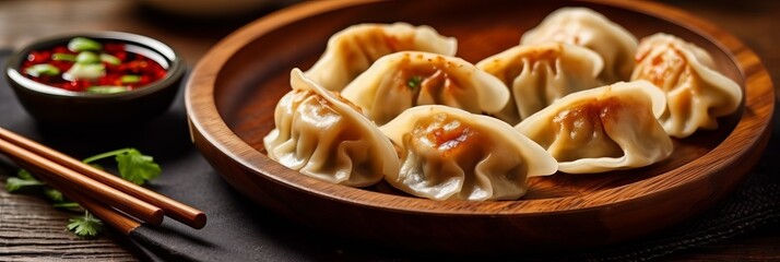 Wooden plate with Chinese dumplings sprinkled with green onions and chili sauce on a dark background. Concept: traditional cuisine and dough recipes
