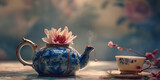 Fototapeta  - Closeup of a beautiful cobalt blue colored vintage porcelain tea set with golden floral pattern ,The set includes a tea pot, a milk jug and a tea cup ,Ceramic tea set 
