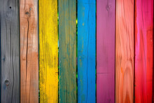 Colorful Wooden Background With Vertical Wooden Slat Of Different Bright Colors And Copy Space. Vivid Colorful Wood Planks Texture Or Background. Art Wooden Background