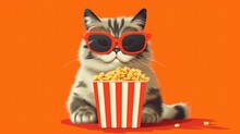 Cat With Glasses And With Popcorn On An Orange Background With Space For Text