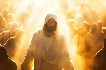 illustration of jesus christ in white clothes and loving peaceful face teaching crowd, blurry people and light rays in background