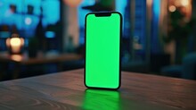 Cell phone with green screen mock up lying on table. Mobile smartphone chroma key template. Cellphone display close up. Business mockup empty blank space. Modern gadget wooden table vertical position.