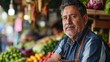 A mature Hispanic gentleman in an apron posing for the camera at the produce store where he is employed. Space for text.