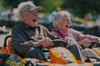 A couple of cheerful elderly people go karting