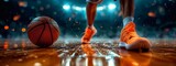 Fototapeta Natura - Male legs in stylish sneakers standing on basketball court with ball. Game on.