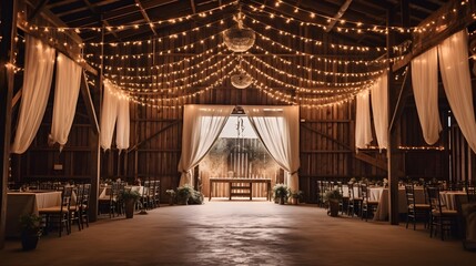 Indoor barn wedding with string lighting to celebrate marriage in a rustic setting. 