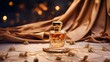 Luxury perfume with golden silk textile on background.