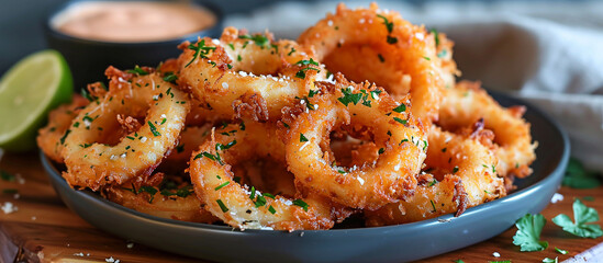 Crispy and delicious seafood onion rings with spicy sauce