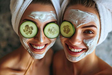 Two woman having fun at cosmetics treatment