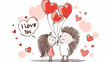 Cute cartoon hedgehog and girl. Cute romantic couple in love, valentines day card with hearth shape balloons, red hearts and text 