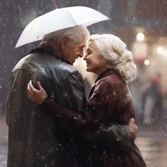 Wall Mural - Woman valentines rain. portrait of a kissing under rain elderly couple, true love.. Facing away from view