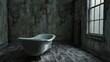 Interior of an old abandoned building with a dirty bathtub and window