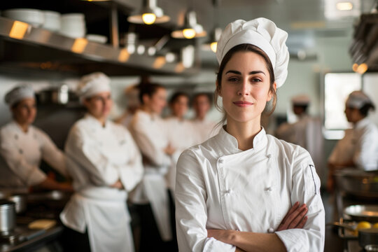 Portrait of chef standing with her team on background in commercial kitchen at restaurant
