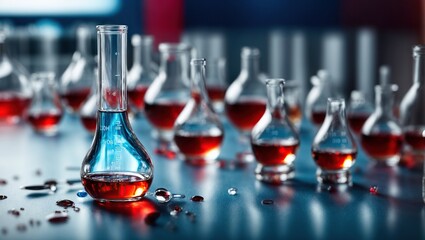 test tube row, concept of medical or science laboratory, liquid drop droplet with dropper in blue re