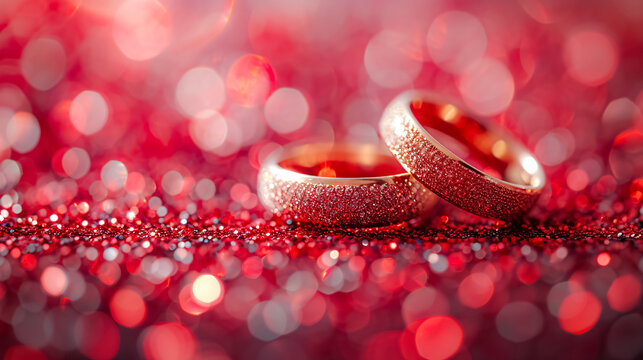 wedding rings and red roses on a dark wooden background. 