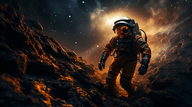 Astronaut exploring surface of a distant planet
