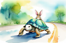 Watercolor Illustration Of Funny Cute Bunny Riding Turtle Carapace On Road,.