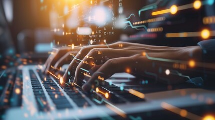 hands typing on a laptop keyboard, code creation and programming, business concept and application o