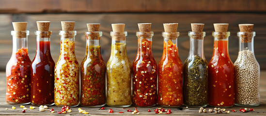 Variety of spicy sauces in glass bottles