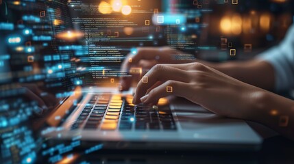 Wall Mural - hands typing on a laptop keyboard, code creation and programming, business concept and application o