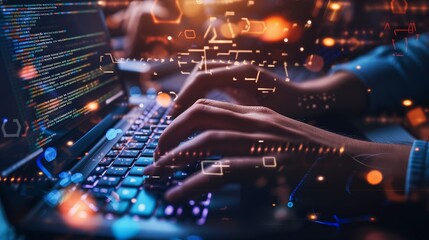 Wall Mural - hands typing on a laptop keyboard, code creation and programming, business concept and application o