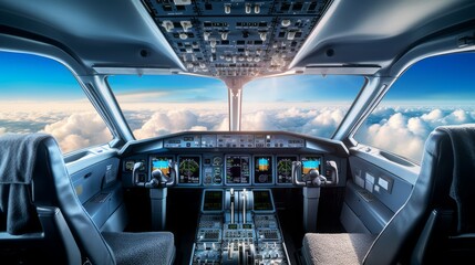 Canvas Print - View of the cockpit with the control panel and the pilot's seat. The cockpit of an airplane during a flight in the sky above white clouds at sunset.