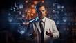 Serious male doctor in lab coat gesturing with interactive 3D scientific graphics and formulas