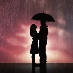 Wall Mural - Woman valentines rain. valentine silhouette of a couple with heart on air.. Facing away from view