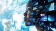 © awilkin - Close-up of a beautiful girl with a futuristic computer with holograms.