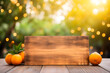 wooden board with blur orange trees background