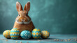 easter card, easter card background, easter bunny and easter eggs on a gray (blue) background, generated AI