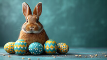 Easter Card, Easter Card Background, Easter Bunny And Easter Eggs On A Gray (blue) Background, Generated AI