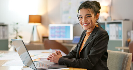 Portrait of businesswoman in office with smile, laptop and planning online research for creative project at digital agency. Internet, website and networking, happy woman and computer for email review