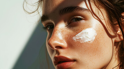 Close-up of young caucasian girl with aesthetic rough smear of face cream. Light background with sun rays. Generative AI