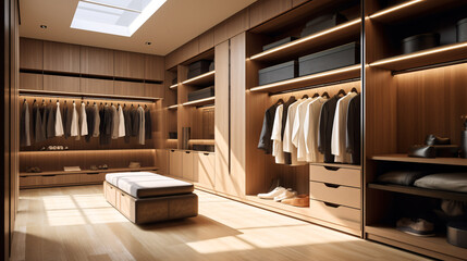 Wall Mural - Modern luxury stylish dark brown wood walk in closet, minimal walk in wardrobe dressing room interior.