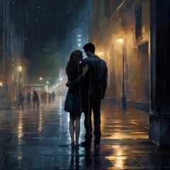 Wall Mural - Woman valentines rain. A couple strolling in the rain while oil painting at night.. Facing away from view