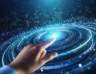Wall Mural - hand touching a spinning vortex of data and light particles, data flow and processing visualisation 