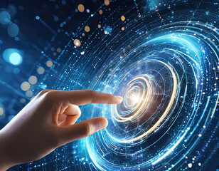 Poster - hand touching a spinning vortex of data and light particles, data flow and processing visualisation 