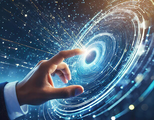 Wall Mural - hand touching a spinning vortex of data and light particles, data flow and processing visualisation 