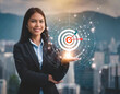Business target and success concept, Businesswomen show goals target icon in hand, Management of educational development digital marketing, banking, Investment financial, Good human development