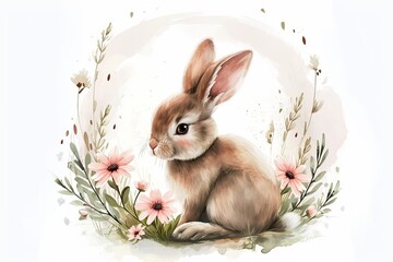 Cute watercolor bunny with a round frame from spring flowers isolated on a white background. AI generative