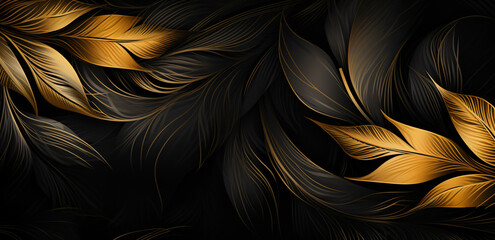 Wall Mural - gold leaves on black background, in the style of graphic lines, enigmatic tropics