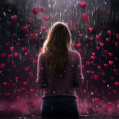 Wall Mural - Woman valentines rain. young smiling woman under the rain of hearts, love, Valentine's Day... Facing away from view