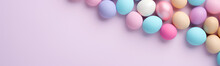 Flat Lay Of Colored Easter Eggs. Plain Pastel Background.